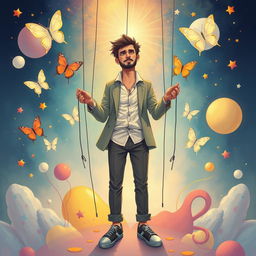 A surreal illustration of a man who embodies the concept of duality, where he is depicted both as a puppet and as the puppeteer, showcasing his intricate connection with self-control and identity