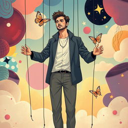 A surreal illustration of a man who embodies the concept of duality, where he is depicted both as a puppet and as the puppeteer, showcasing his intricate connection with self-control and identity