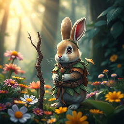 A charming small rabbit druid character, adorned with intricately designed wood and leaf armor that blends beautifully with the vibrant forest backdrop