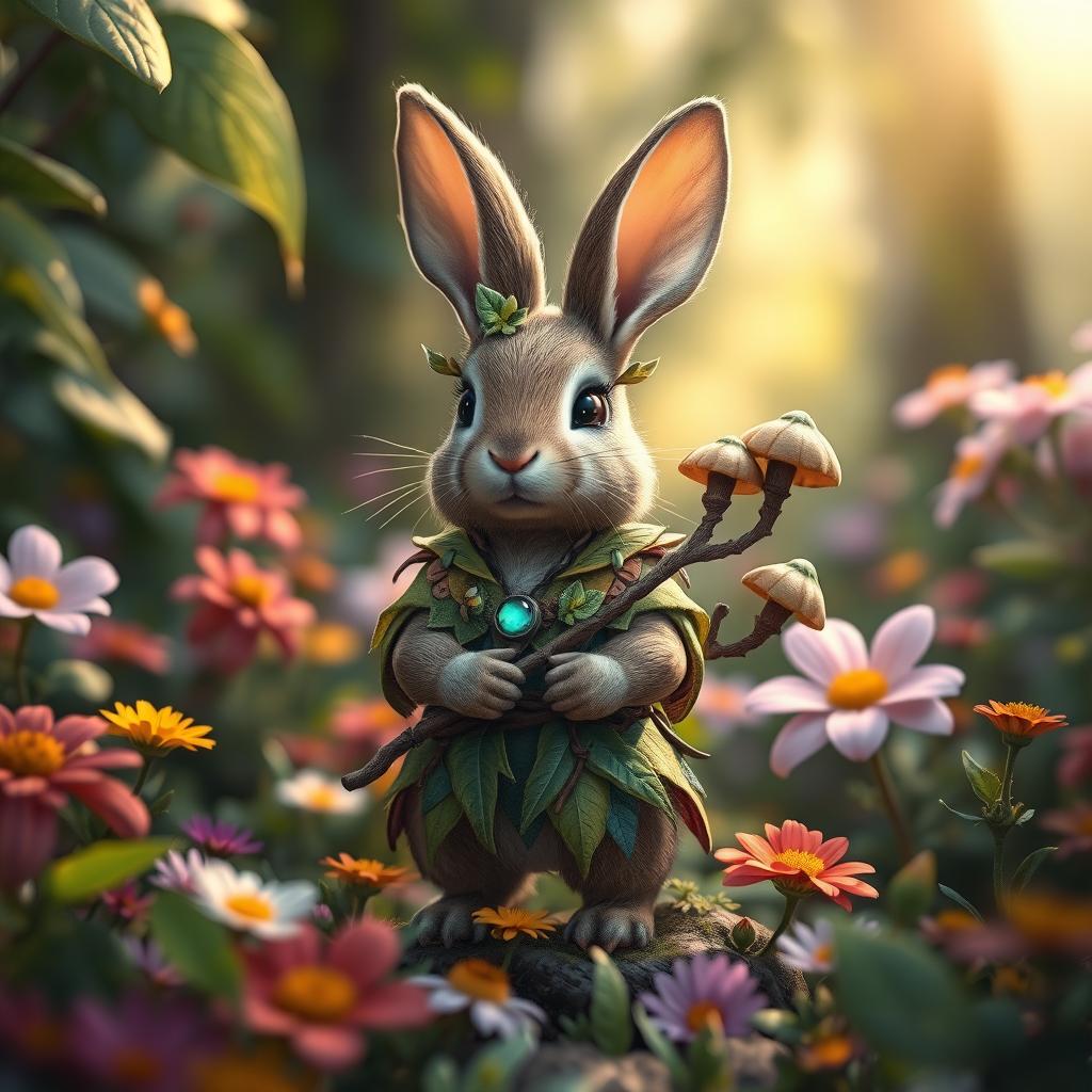 A charming small rabbit druid character, adorned with intricately designed wood and leaf armor that blends beautifully with the vibrant forest backdrop