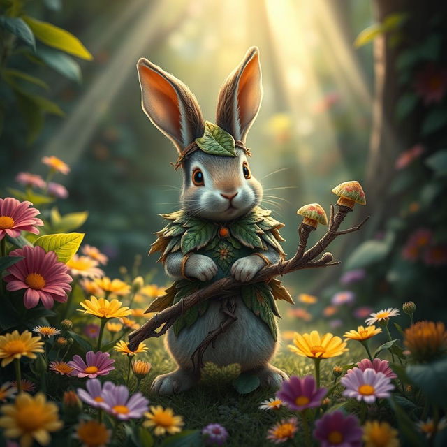 A charming small rabbit druid character, adorned with intricately designed wood and leaf armor that blends beautifully with the vibrant forest backdrop