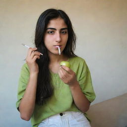 A portrait of a young Iranian teenager casually eating an apple and kicking away a cigarette.