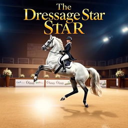 A dynamic movie poster featuring an elegant dressage horse performing a stunning pose with its rider dressed in a classic competition outfit