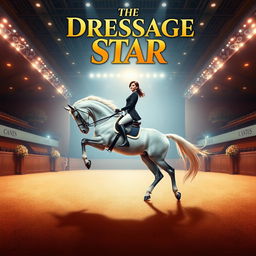 A dynamic movie poster featuring an elegant dressage horse performing a stunning pose with its rider dressed in a classic competition outfit