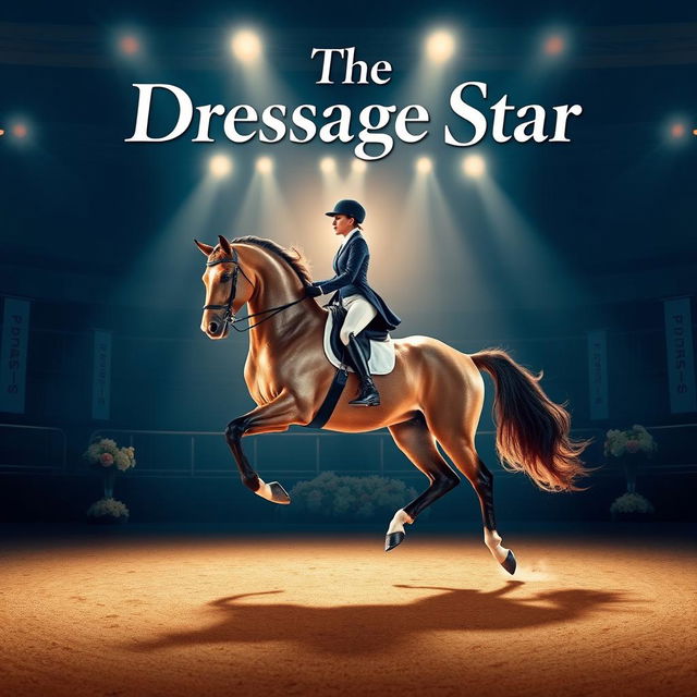 A dynamic movie poster featuring an elegant dressage horse performing a stunning pose with its rider dressed in a classic competition outfit