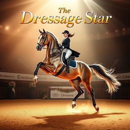 A dynamic movie poster featuring an elegant dressage horse performing a stunning pose with its rider dressed in a classic competition outfit