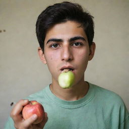 A portrait of a young Iranian teenager casually eating an apple and kicking away a cigarette.