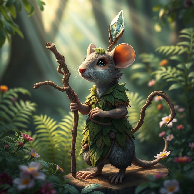 An enchanting small rat druid character, adorned with beautifully crafted wood and leaf armor that showcases her connection to nature