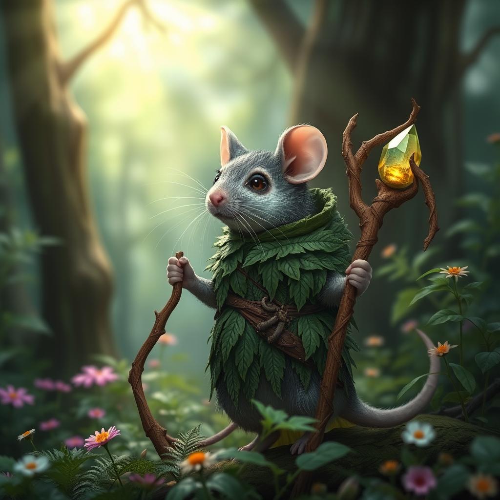 An enchanting small rat druid character, adorned with beautifully crafted wood and leaf armor that showcases her connection to nature