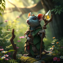 An enchanting small rat druid character, adorned with beautifully crafted wood and leaf armor that showcases her connection to nature