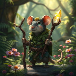 An enchanting small rat druid character, adorned with beautifully crafted wood and leaf armor that showcases her connection to nature