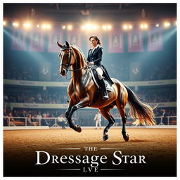 A captivating movie poster for a film titled 'The Dressage Star', featuring a stunning dressage horse in full stride, displaying elegance and grace in an expansive arena