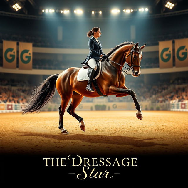 A captivating movie poster for a film titled 'The Dressage Star', featuring a stunning dressage horse in full stride, displaying elegance and grace in an expansive arena