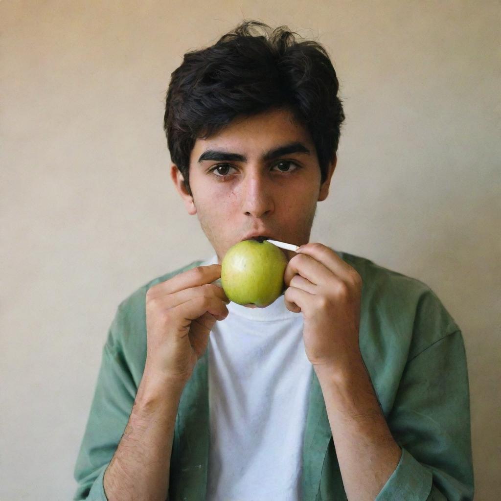 A portrait of a young Iranian teenager casually eating an apple and kicking away a cigarette.