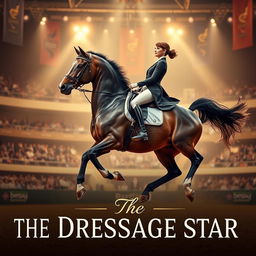 A captivating movie poster for a film titled 'The Dressage Star', featuring a stunning dressage horse in full stride, displaying elegance and grace in an expansive arena