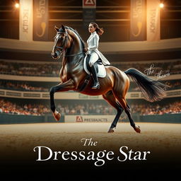 A captivating movie poster for a film titled 'The Dressage Star', featuring a stunning dressage horse in full stride, displaying elegance and grace in an expansive arena