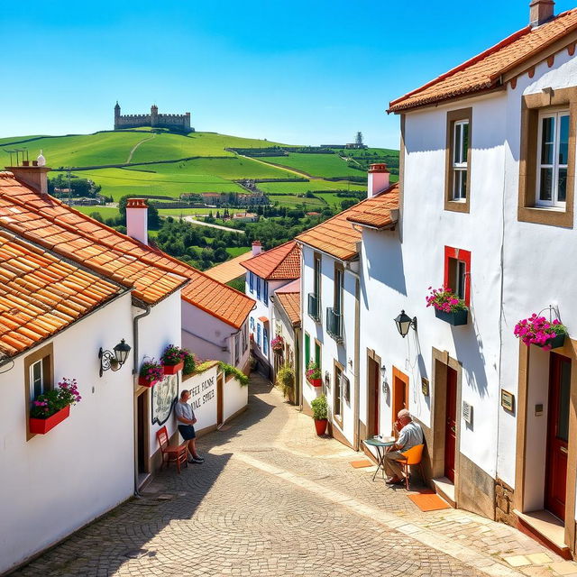 A picturesque view of a quaint village in Portugal, showcasing charming whitewashed houses with colorful accents, winding cobblestone streets, and vibrant flowers in window boxes