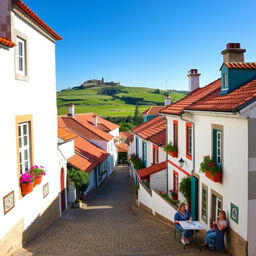 A picturesque view of a quaint village in Portugal, showcasing charming whitewashed houses with colorful accents, winding cobblestone streets, and vibrant flowers in window boxes