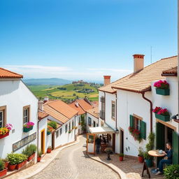 A picturesque view of a quaint village in Portugal, showcasing charming whitewashed houses with colorful accents, winding cobblestone streets, and vibrant flowers in window boxes