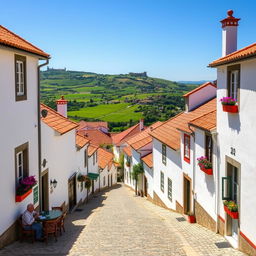 A picturesque view of a quaint village in Portugal, showcasing charming whitewashed houses with colorful accents, winding cobblestone streets, and vibrant flowers in window boxes