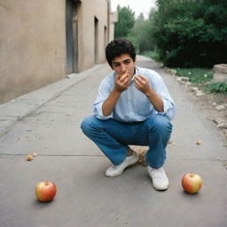 An Iranian teenager enthusiastically eating an apple while stepping on a cigarette underfoot, symbolizing a healthy lifestyle choice.