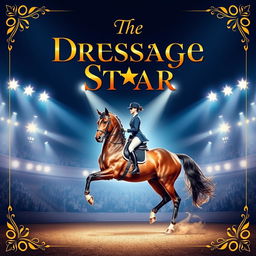 A captivating movie poster featuring a majestic dressage horse and its skilled rider performing in an elegant arena, surrounded by spectators