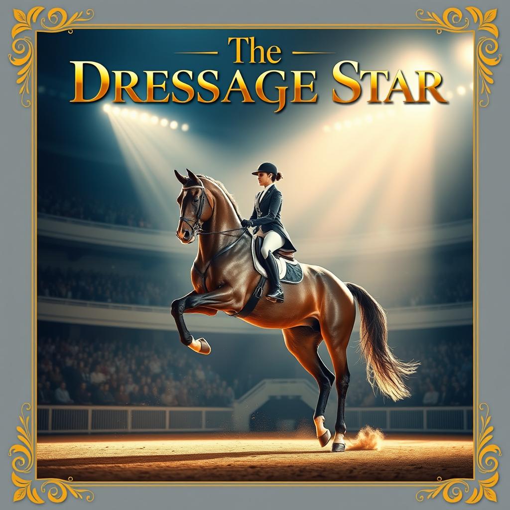 A captivating movie poster featuring a majestic dressage horse and its skilled rider performing in an elegant arena, surrounded by spectators