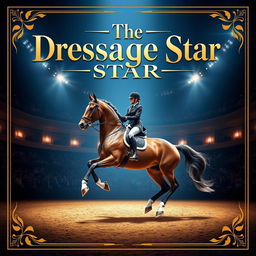A captivating movie poster featuring a majestic dressage horse and its skilled rider performing in an elegant arena, surrounded by spectators