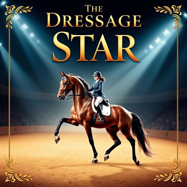 A captivating movie poster featuring a majestic dressage horse and its skilled rider performing in an elegant arena, surrounded by spectators