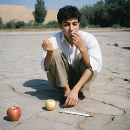 An Iranian teenager enthusiastically eating an apple while stepping on a cigarette underfoot, symbolizing a healthy lifestyle choice.