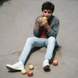 An Iranian teenager enthusiastically eating an apple while stepping on a cigarette underfoot, symbolizing a healthy lifestyle choice.