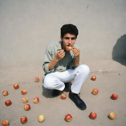 An Iranian teenager enthusiastically eating an apple while stepping on a cigarette underfoot, symbolizing a healthy lifestyle choice.