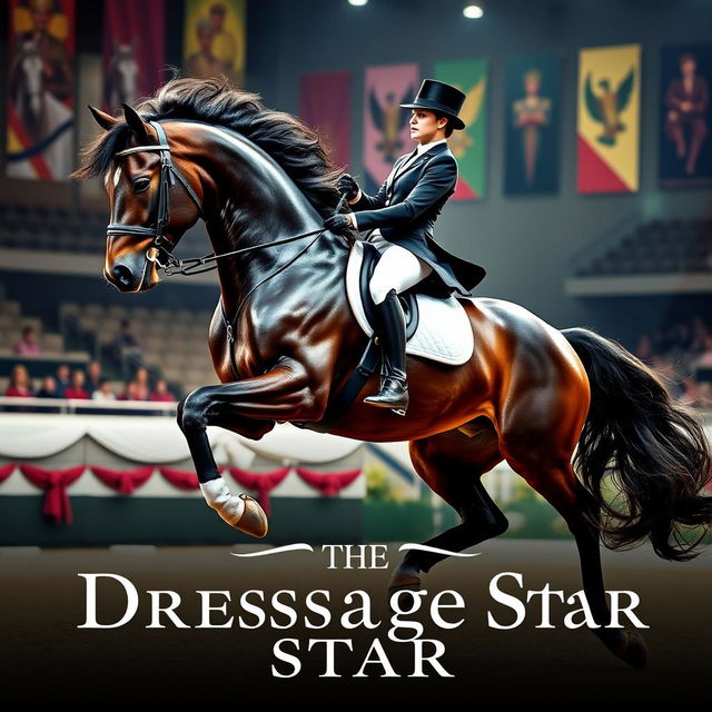 A captivating movie poster featuring a majestic dressage horse and its skilled rider performing a stunning routine in a beautifully decorated arena