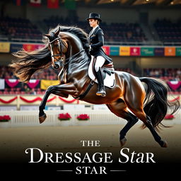 A captivating movie poster featuring a majestic dressage horse and its skilled rider performing a stunning routine in a beautifully decorated arena