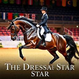 A captivating movie poster featuring a majestic dressage horse and its skilled rider performing a stunning routine in a beautifully decorated arena