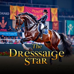 A captivating movie poster featuring a majestic dressage horse and its skilled rider performing a stunning routine in a beautifully decorated arena