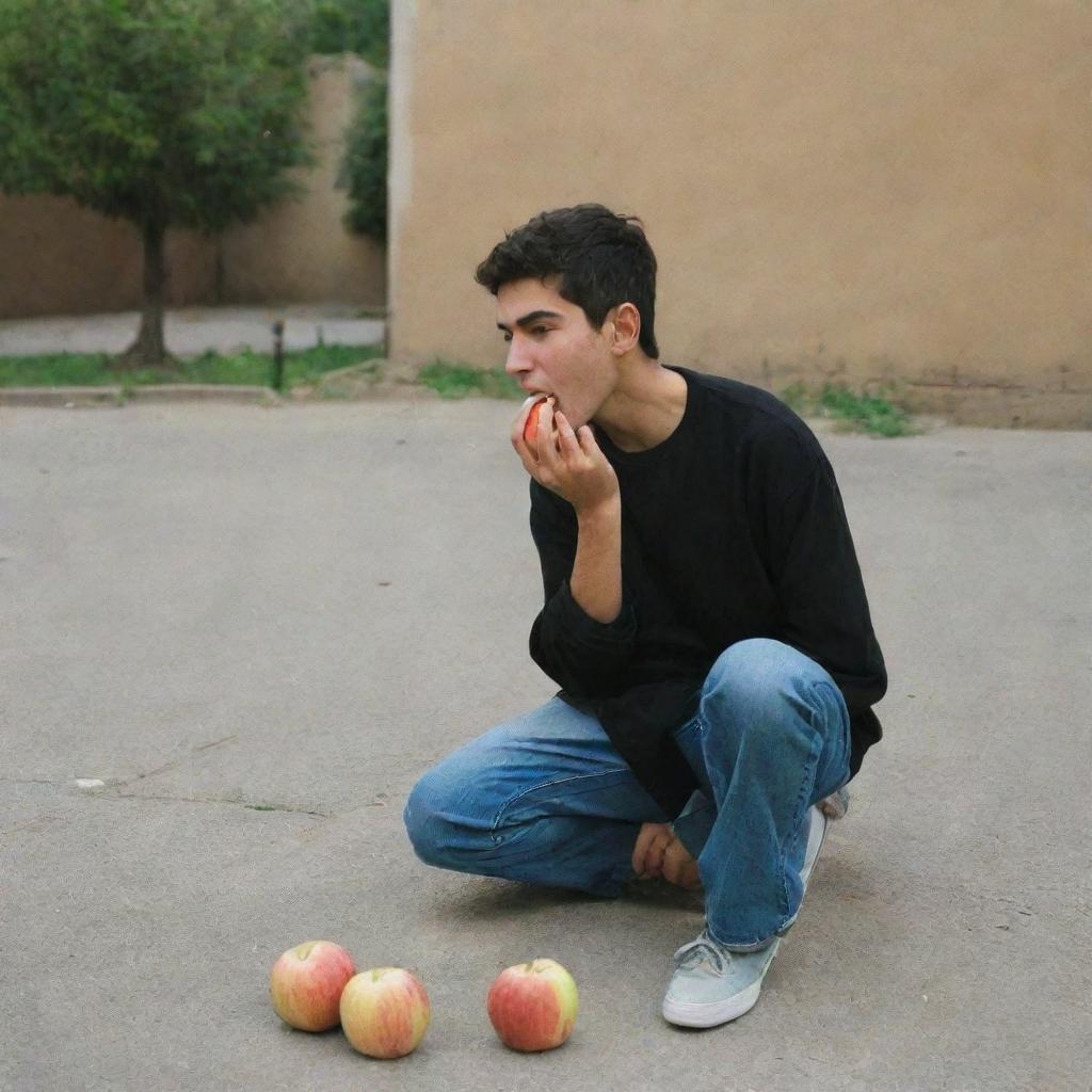 An Iranian teenager eating an apple and kicking a cigarette