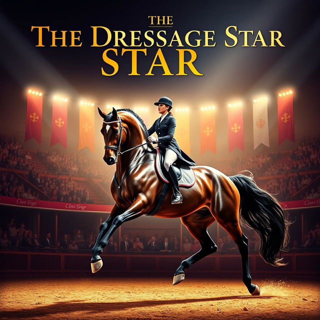 A stunning movie poster featuring a majestic dressage horse performing in an elegant arena, with a skilled rider gracefully guiding the horse