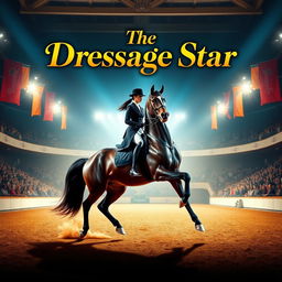 A stunning movie poster featuring a majestic dressage horse performing in an elegant arena, with a skilled rider gracefully guiding the horse