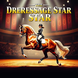 A stunning movie poster featuring a majestic dressage horse performing in an elegant arena, with a skilled rider gracefully guiding the horse