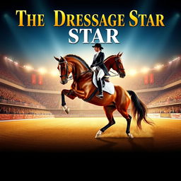 A stunning movie poster featuring a majestic dressage horse performing in an elegant arena, with a skilled rider gracefully guiding the horse