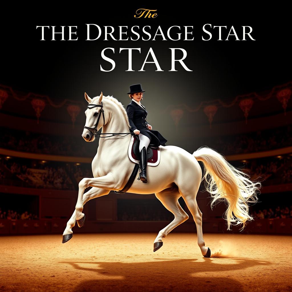 An elegant movie poster featuring a stunning dressage horse performing a graceful movement with its rider in full attire