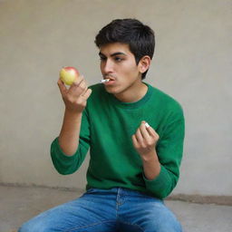 An Iranian teenager eating an apple and kicking a cigarette