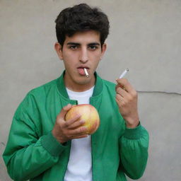 An Iranian teenager eating an apple and kicking a cigarette