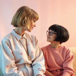 Taylor Swift from the Lover era, beautifully styled with her pastel-themed clothing, is engaging in a friendly and inspiring conversation with a 17-year-old girl