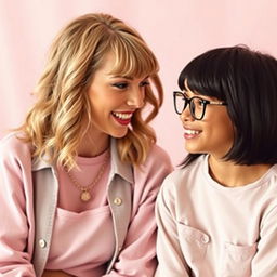 Taylor Swift from the Lover era, beautifully styled with her pastel-themed clothing, is engaging in a friendly and inspiring conversation with a 17-year-old girl
