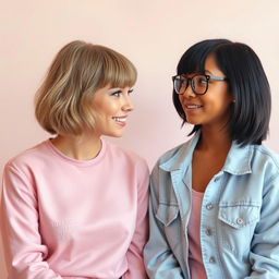 Taylor Swift from the Lover era, beautifully styled with her pastel-themed clothing, is engaging in a friendly and inspiring conversation with a 17-year-old girl