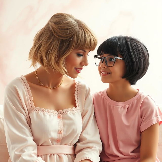 Taylor Swift from the Lover era, beautifully styled with her pastel-themed clothing, is engaging in a friendly and inspiring conversation with a 17-year-old girl