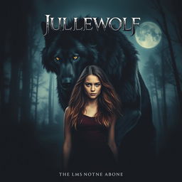 A dramatic movie poster featuring a young woman with long flowing hair, standing confidently next to a large black and grey werewolf