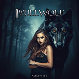 A dramatic movie poster featuring a young woman with long flowing hair, standing confidently next to a large black and grey werewolf